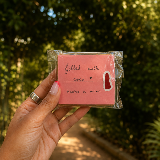 A hand with pink nail polish holds a clear plastic-wrapped dulce de leche bar filled with coco covered in a pink square card  outdoors against a blurred green foliage background. The card has handwritten text reading 'filled with coco' and 'hecho a mano' plus a small red muñeca silhouette.