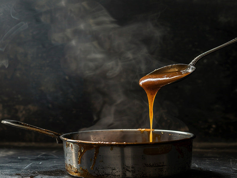 Spoon pouring dulce de leche into a pot with a dark background